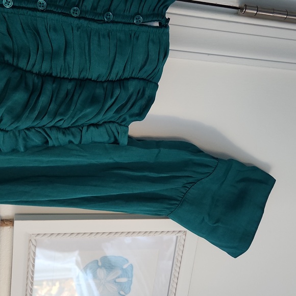 Free People, Meet Me There Ruched Button-Down Blouse, Green Balsam, Size XS, NWT - Picture 5 of 12